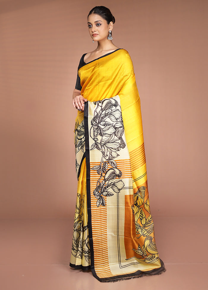 Cream Printed Pure Silk Saree Without Blouse Piece