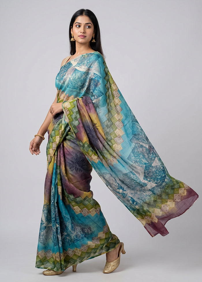 Blue Printed Silk Saree Without Blouse Piece