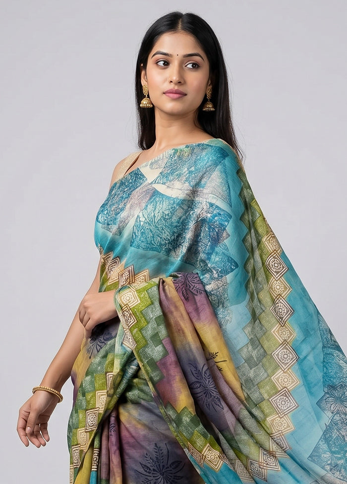 Blue Printed Silk Saree Without Blouse Piece