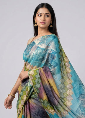 Blue Printed Silk Saree Without Blouse Piece