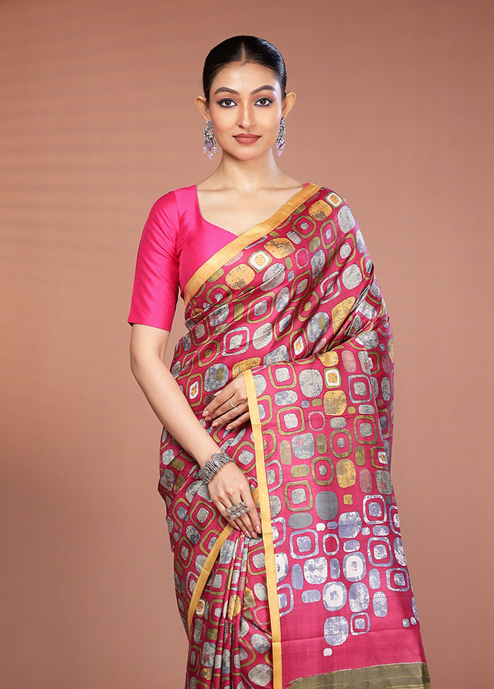 Pink Printed Pure Silk Saree Without Blouse Piece