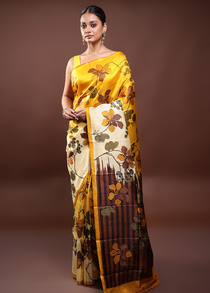 Yellow Printed Pure Silk Saree Without Blouse Piece