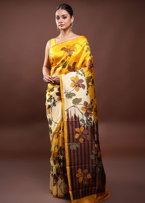Yellow Printed Pure Silk Saree Without Blouse Piece