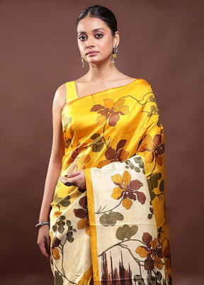 Yellow Printed Pure Silk Saree Without Blouse Piece