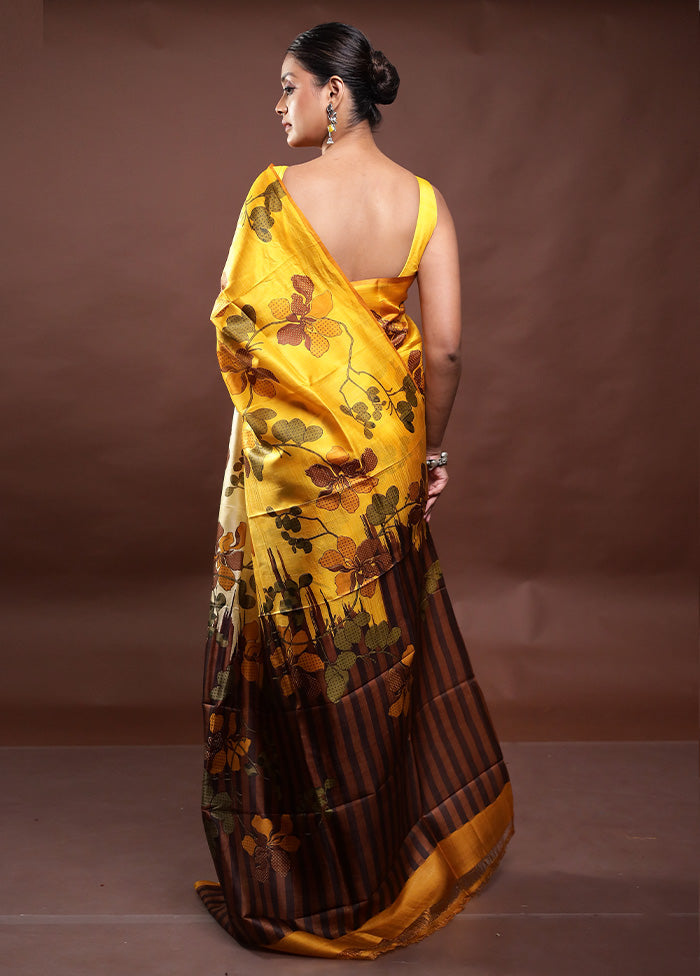 Yellow Printed Pure Silk Saree Without Blouse Piece