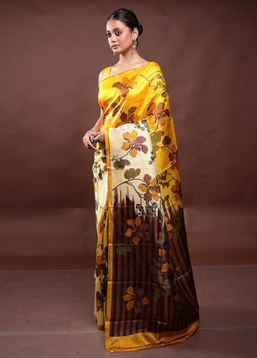 Yellow Printed Pure Silk Saree Without Blouse Piece