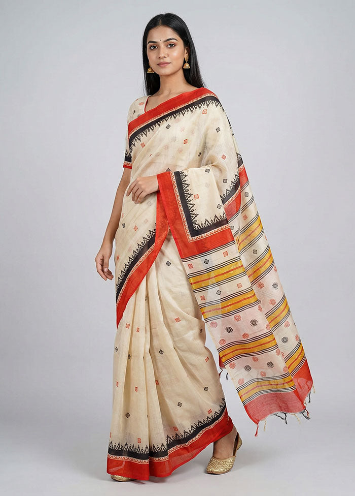 Cream Printed Silk Saree Without Blouse Piece