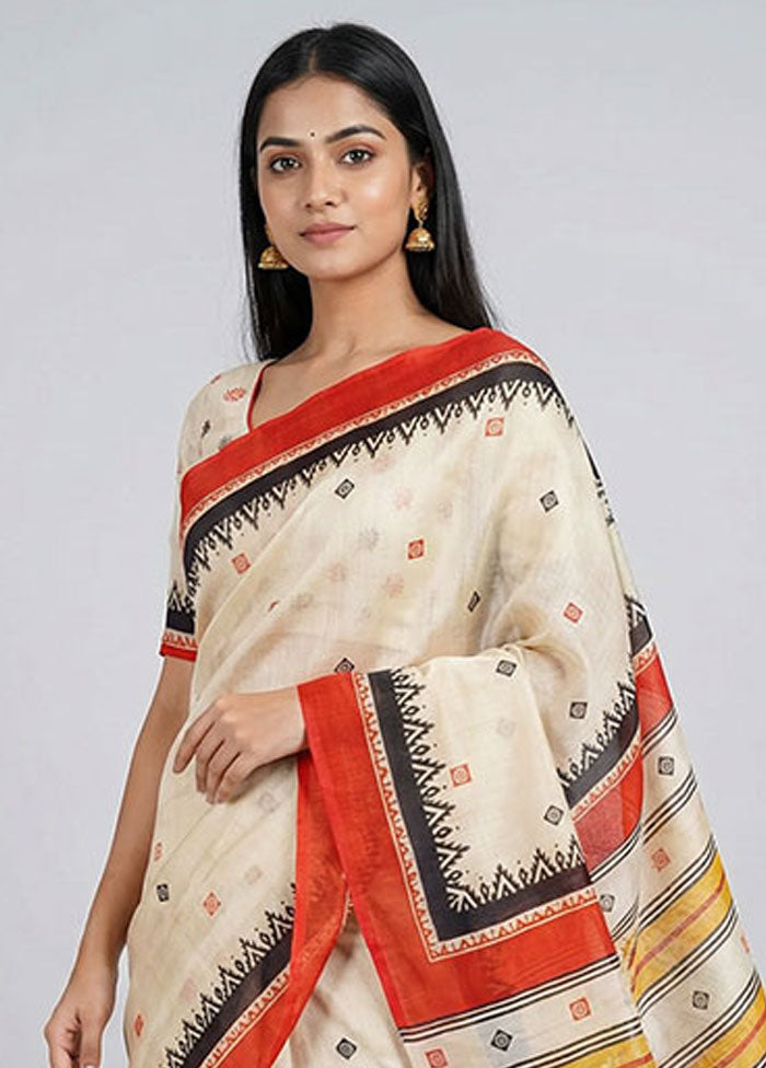 Cream Printed Silk Saree Without Blouse Piece