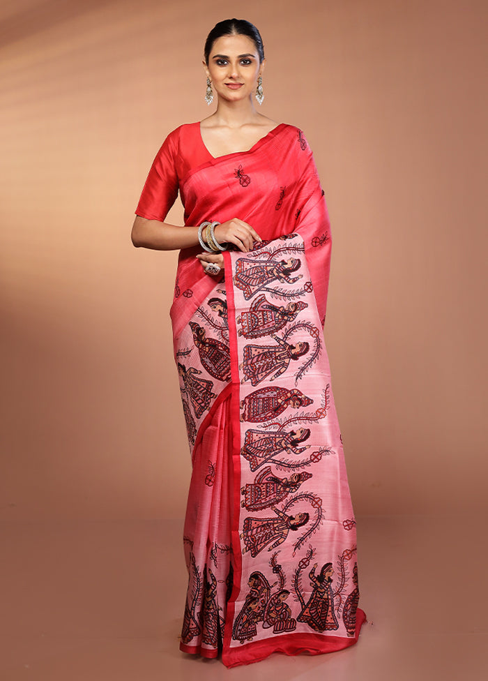 Pink Printed Pure Silk Saree Without Blouse Piece