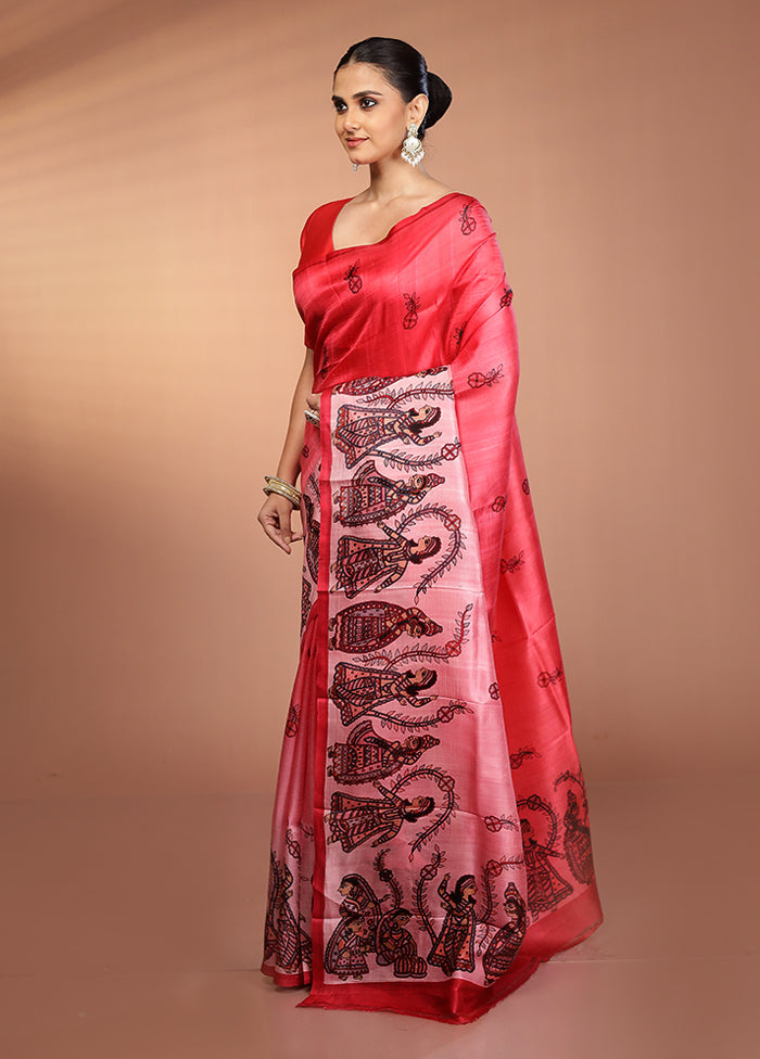 Pink Printed Pure Silk Saree Without Blouse Piece