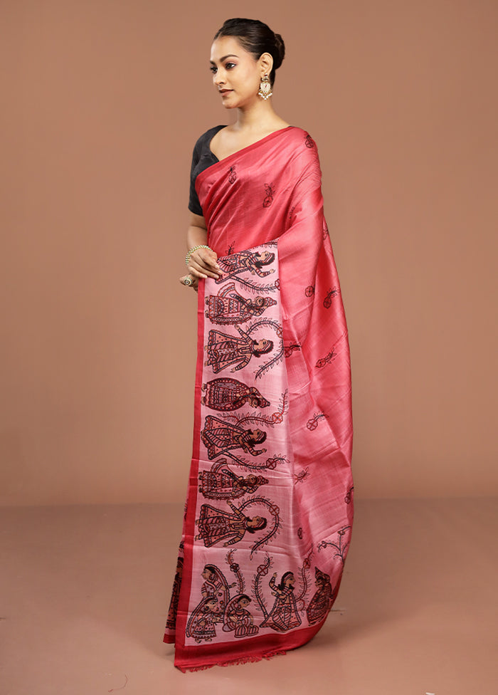 Pink Printed Pure Silk Saree Without Blouse Piece