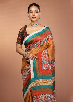 Rust Printed Pure Silk Saree Without Blouse Piece