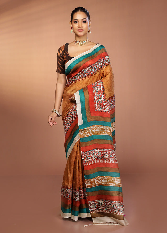Rust Printed Pure Silk Saree Without Blouse Piece