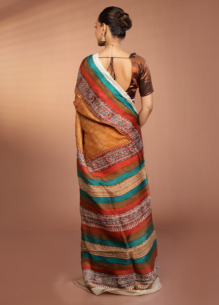 Rust Printed Pure Silk Saree Without Blouse Piece