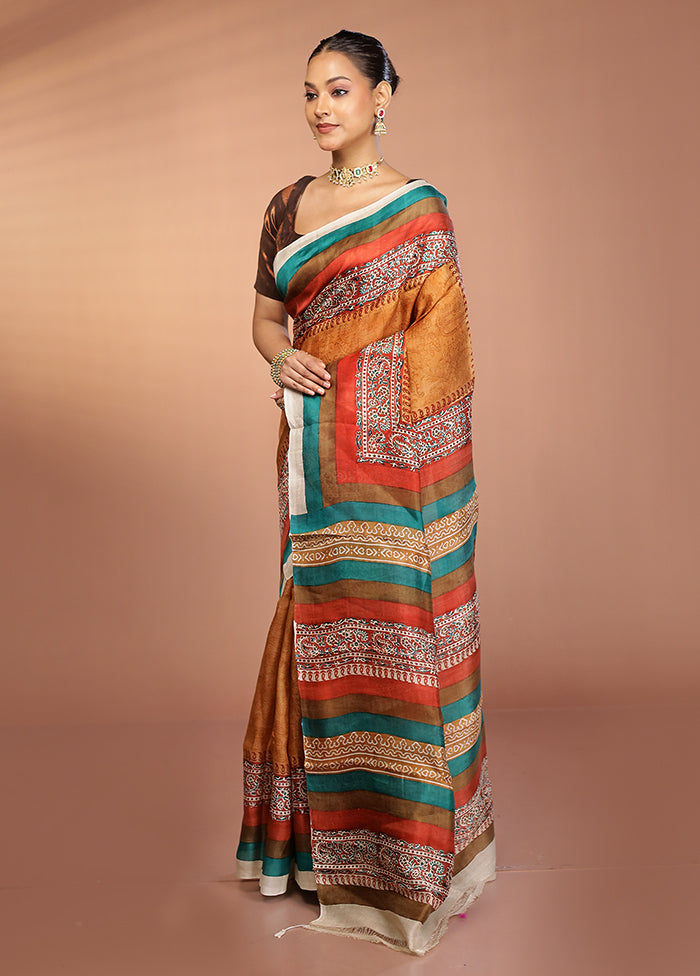 Rust Printed Pure Silk Saree Without Blouse Piece