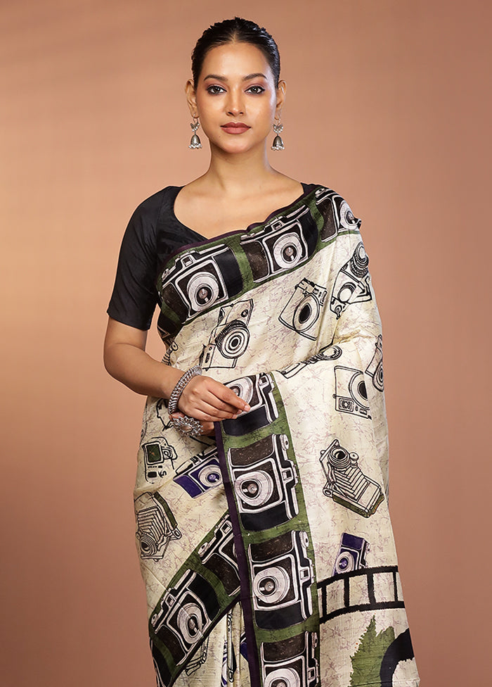 Cream Handloom Printed Pure Silk Saree Without Blouse Piece