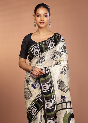 Cream Handloom Printed Pure Silk Saree Without Blouse Piece