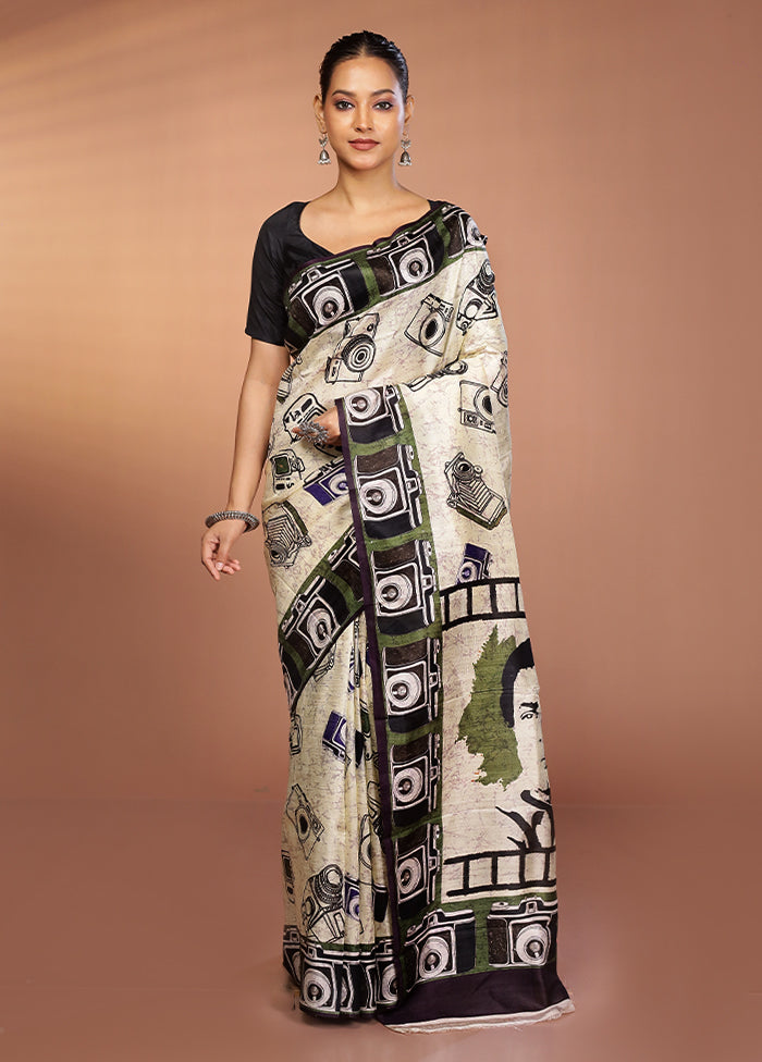 Cream Handloom Printed Pure Silk Saree Without Blouse Piece