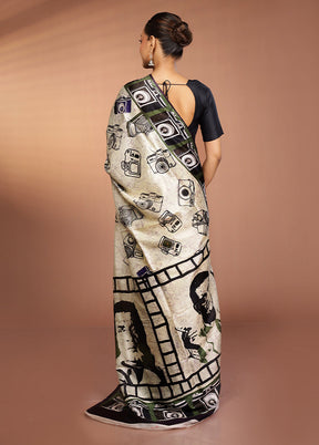 Cream Handloom Printed Pure Silk Saree Without Blouse Piece