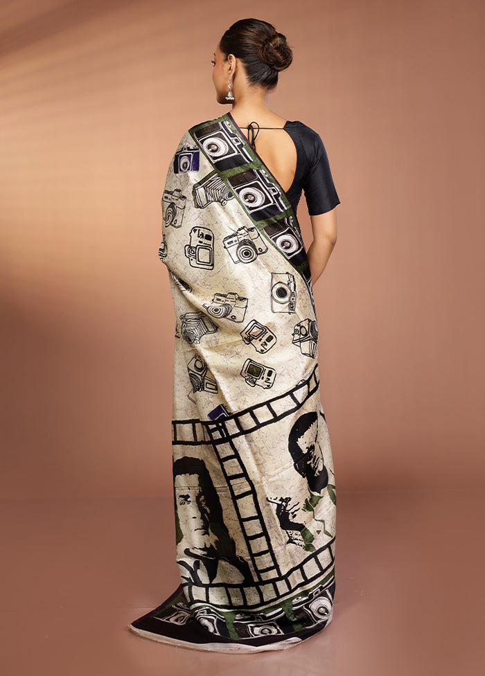 Cream Handloom Printed Pure Silk Saree Without Blouse Piece