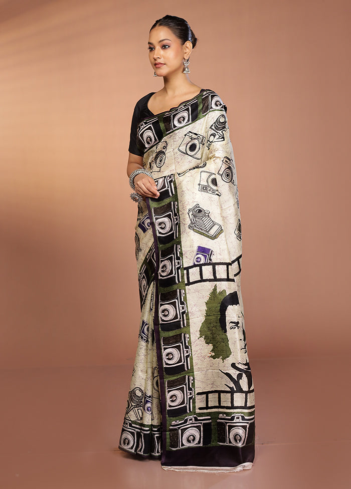 Cream Handloom Printed Pure Silk Saree Without Blouse Piece