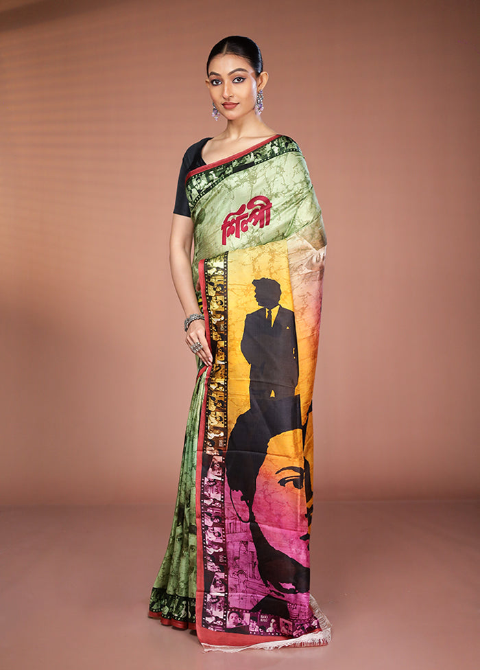 Green Handloom Printed Pure Silk Saree Without Blouse Piece