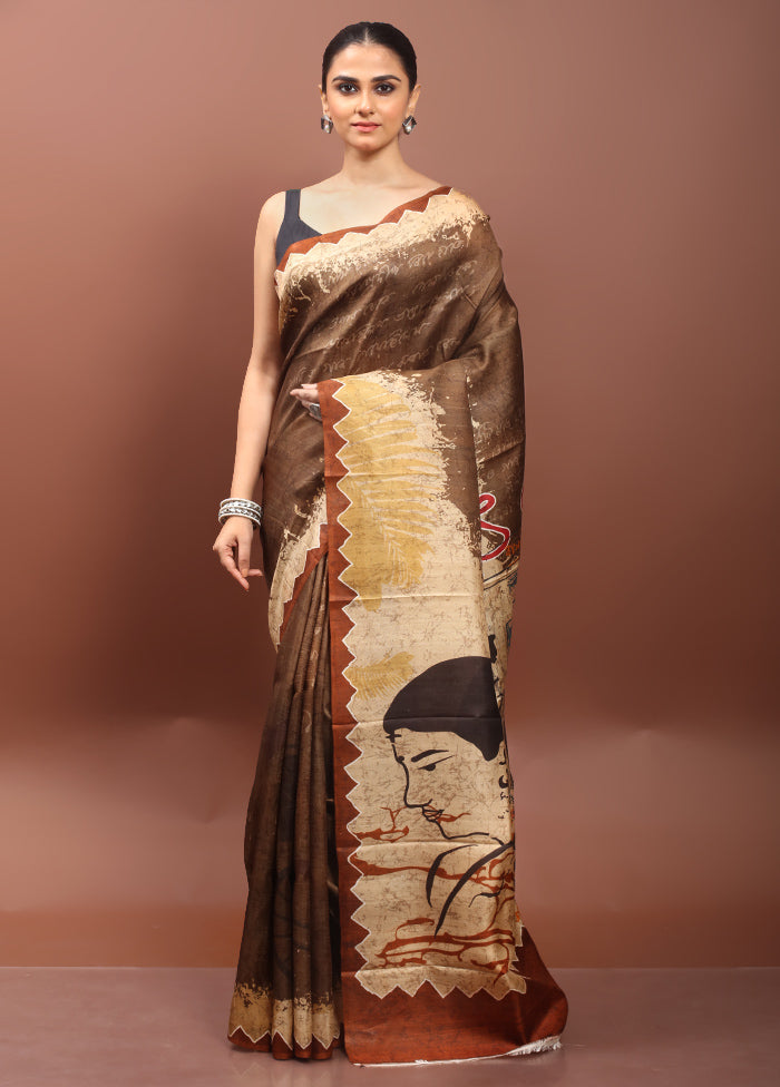 Grey Printed Pure Silk Saree Without Blouse Piece