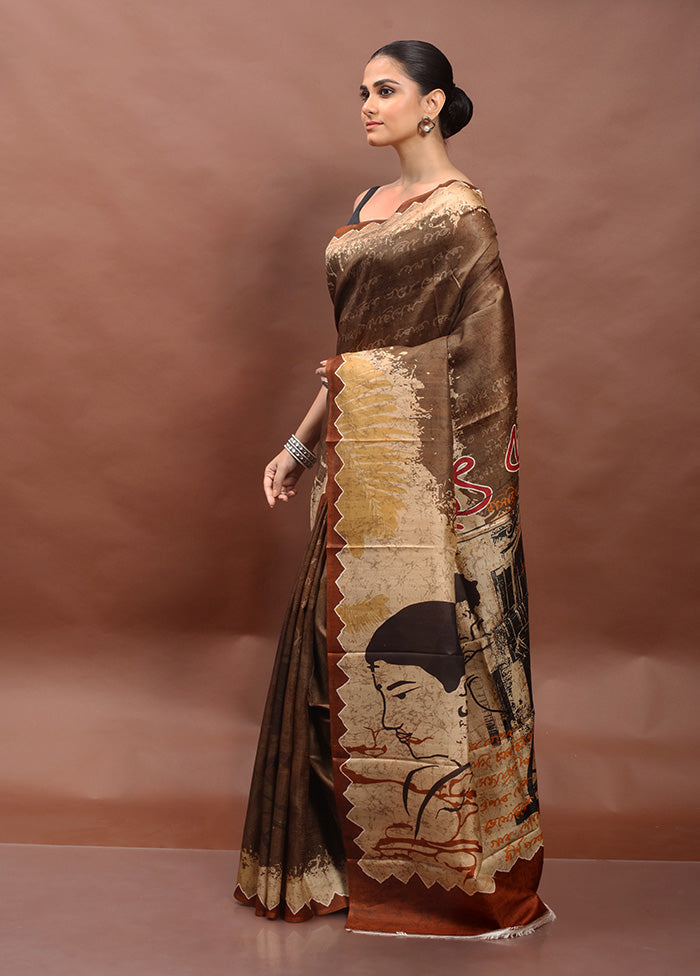 Grey Printed Pure Silk Saree Without Blouse Piece