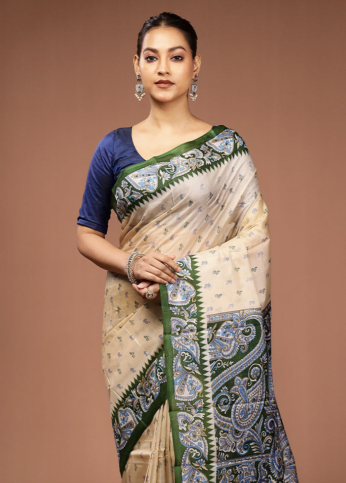 Cream Printed Pure Silk Saree Without Blouse Piece
