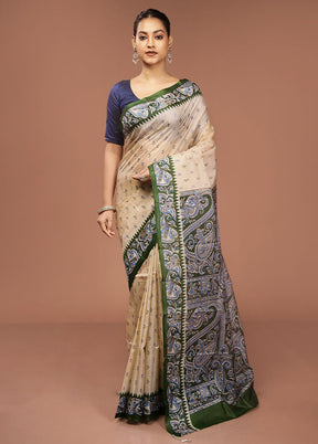 Cream Printed Pure Silk Saree Without Blouse Piece
