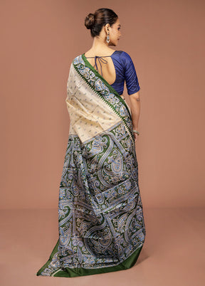 Cream Printed Pure Silk Saree Without Blouse Piece