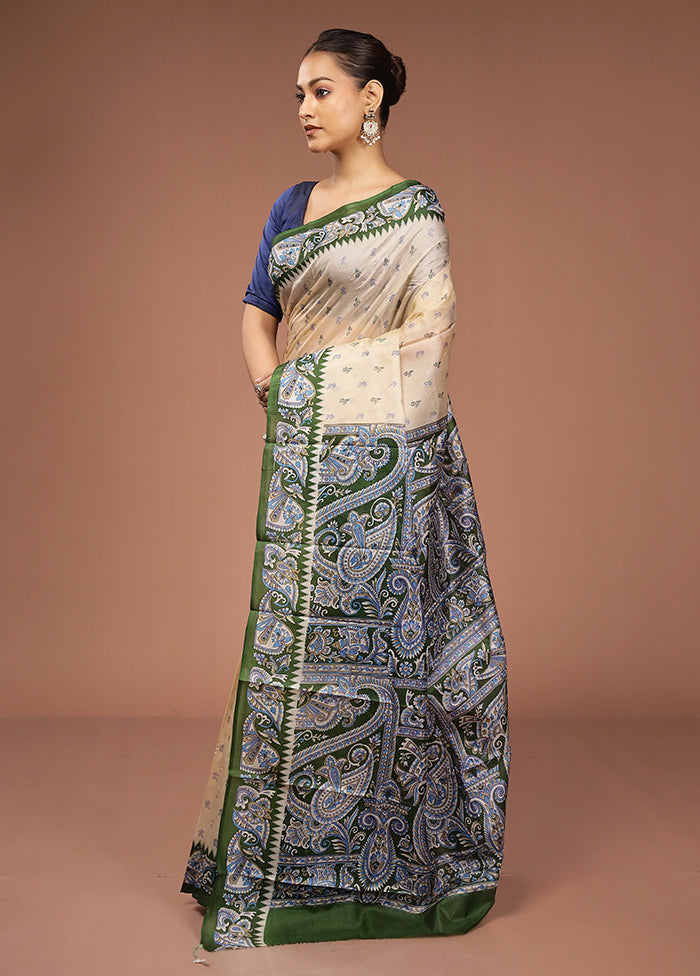 Cream Printed Pure Silk Saree Without Blouse Piece