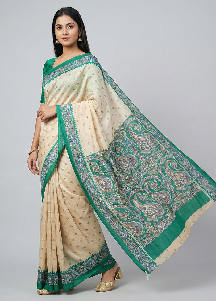 Cream Printed Silk Saree Without Blouse Piece