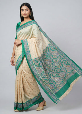Cream Printed Silk Saree Without Blouse Piece