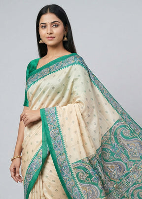 Cream Printed Silk Saree Without Blouse Piece
