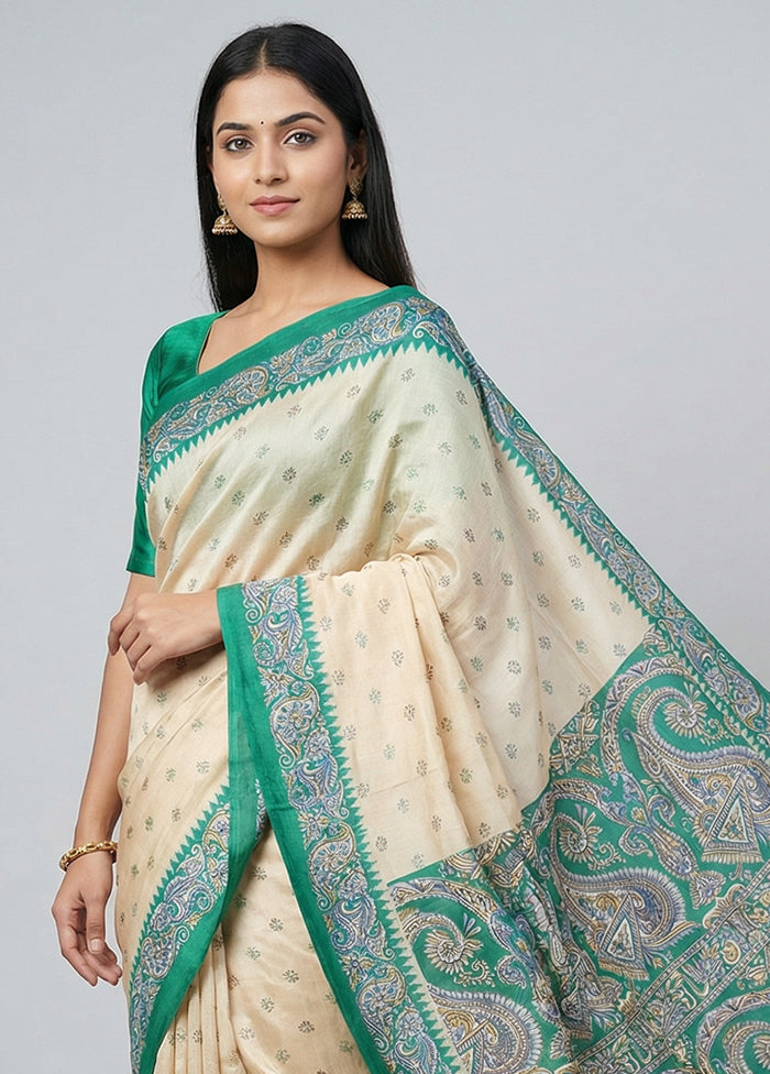 Cream Printed Silk Saree Without Blouse Piece