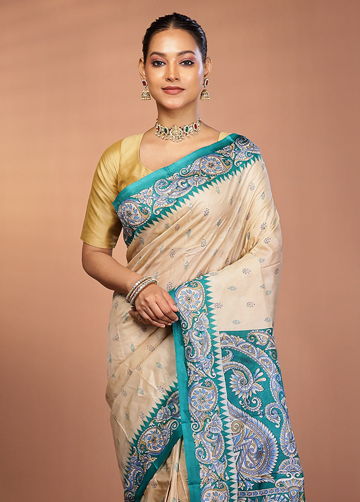 Cream Printed Pure Silk Saree Without Blouse Piece