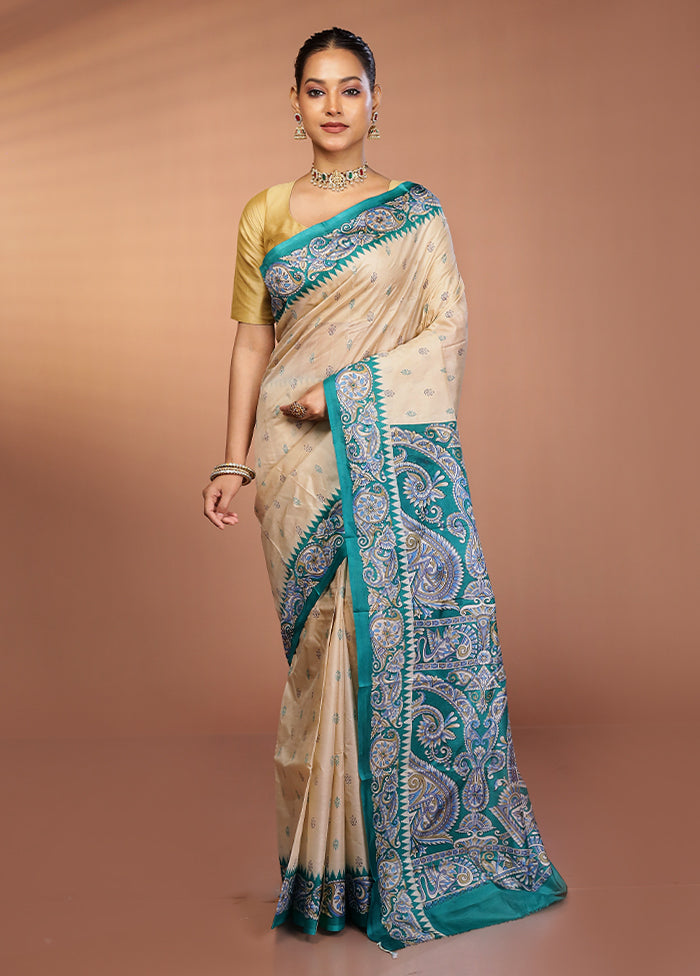Cream Printed Pure Silk Saree Without Blouse Piece