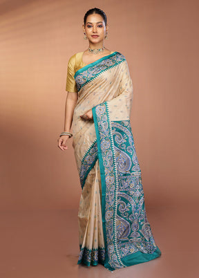 Cream Printed Pure Silk Saree Without Blouse Piece