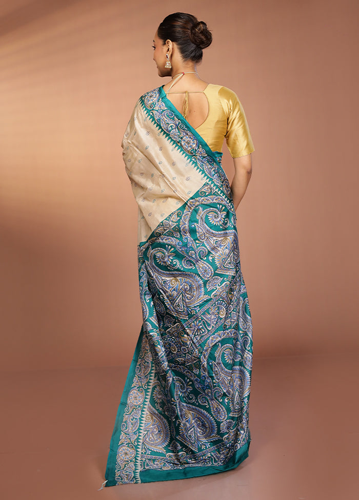 Cream Printed Pure Silk Saree Without Blouse Piece