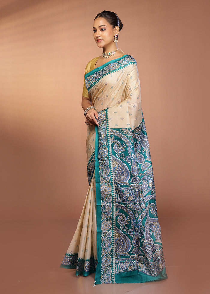 Cream Printed Pure Silk Saree Without Blouse Piece
