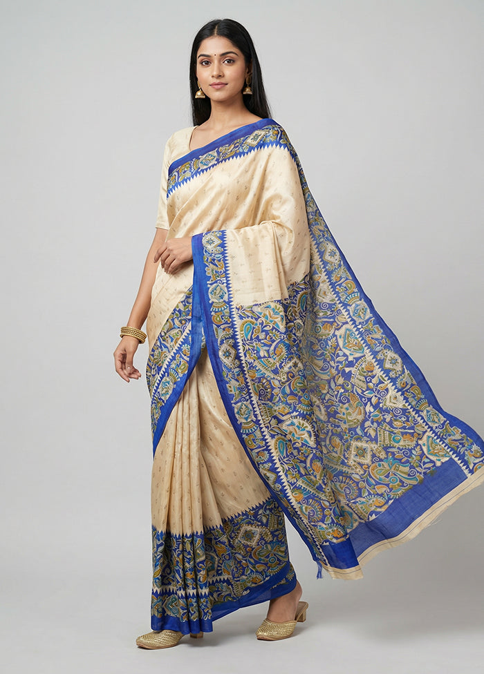 Cream Printed Silk Saree Without Blouse Piece