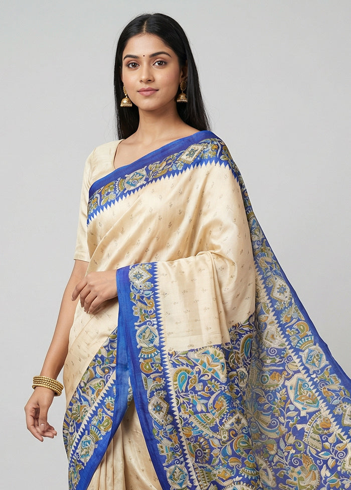 Cream Printed Silk Saree Without Blouse Piece