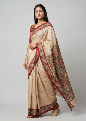 Cream Printed Silk Saree Without Blouse Piece