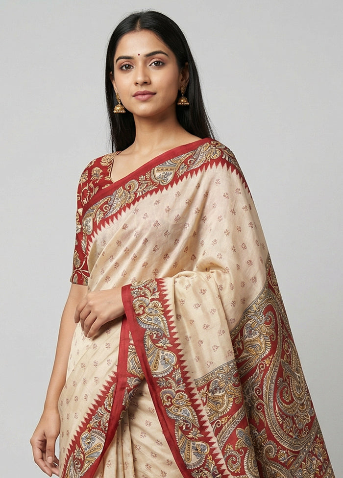 Cream Printed Silk Saree Without Blouse Piece