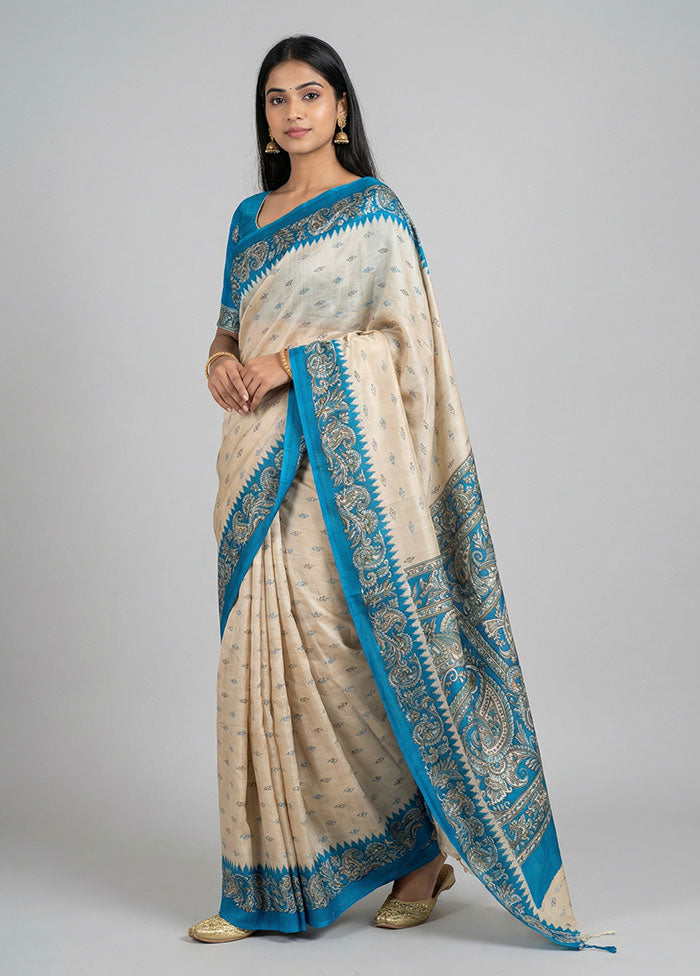Cream Printed Silk Saree Without Blouse Piece