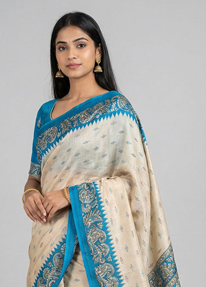 Cream Printed Silk Saree Without Blouse Piece