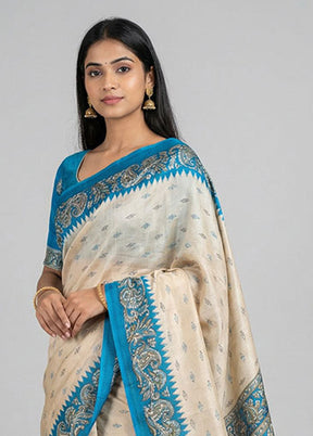 Cream Printed Silk Saree Without Blouse Piece