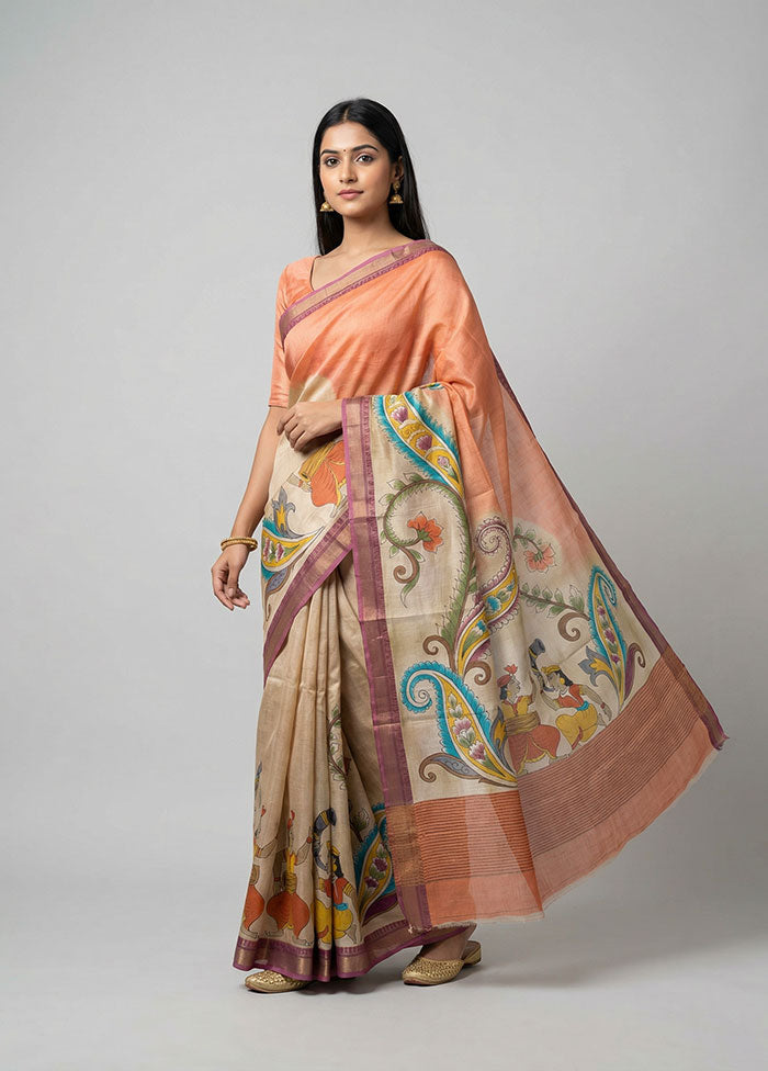 Multicolor Handloom Tussar Pure Silk Saree With Blouse Piece