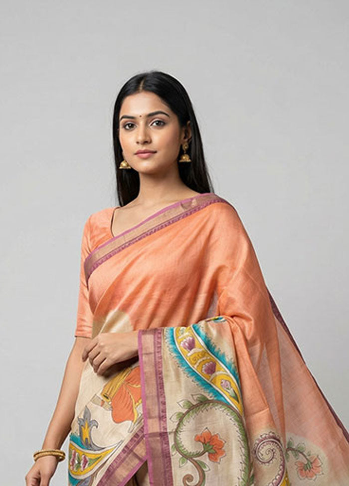 Multicolor Handloom Tussar Pure Silk Saree With Blouse Piece